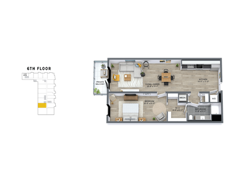 Floor plan for 1 bed, 1 bath, 933 sqft